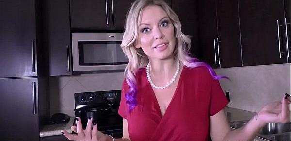  Busty MILF Kenzie Taylor is craving for some dick again so she quickly grabs her stepsons cock and gave him a tasty blowjob.